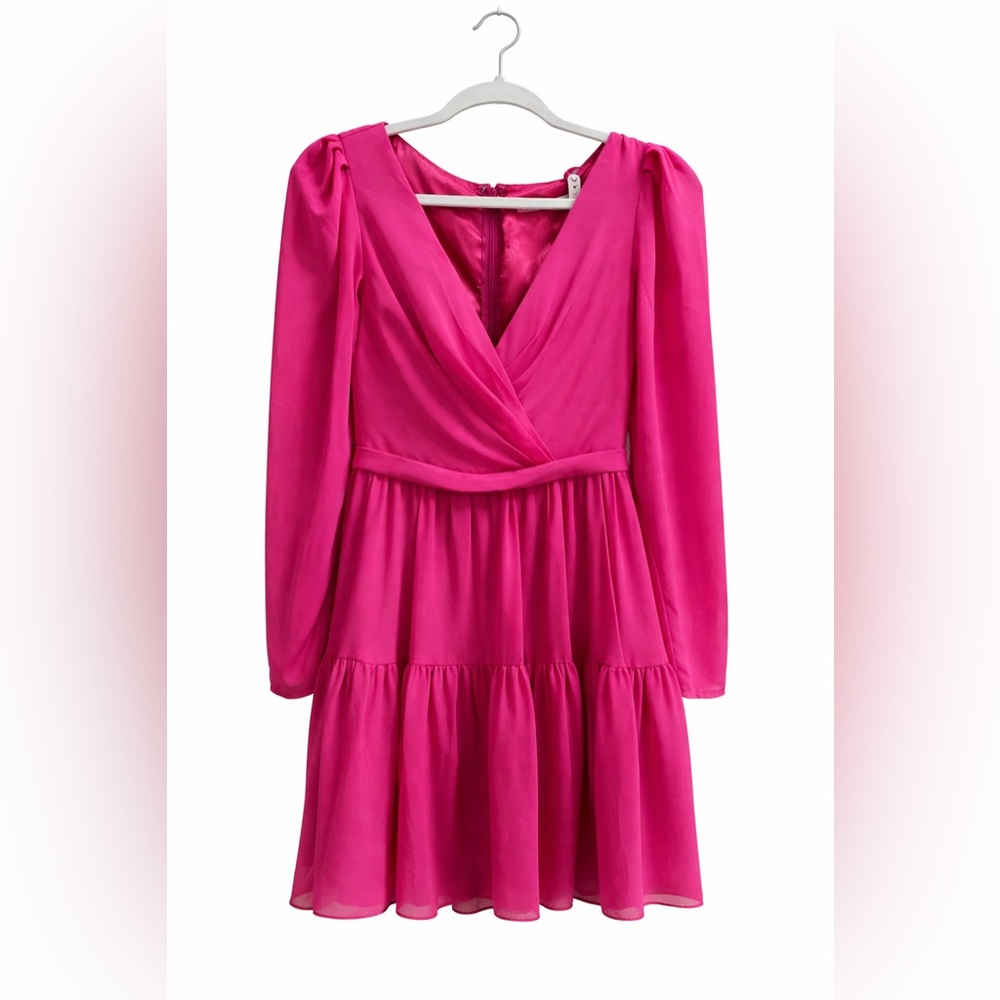 NWT Ieena for Mac Duggal Style 55961 Size 2 Hot Pink Midi Dress Long Sleeve